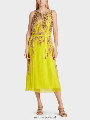 Marc Cain vestido maxi plissado verde de limão roupas 4P8PV074 Marc Cain Dresses